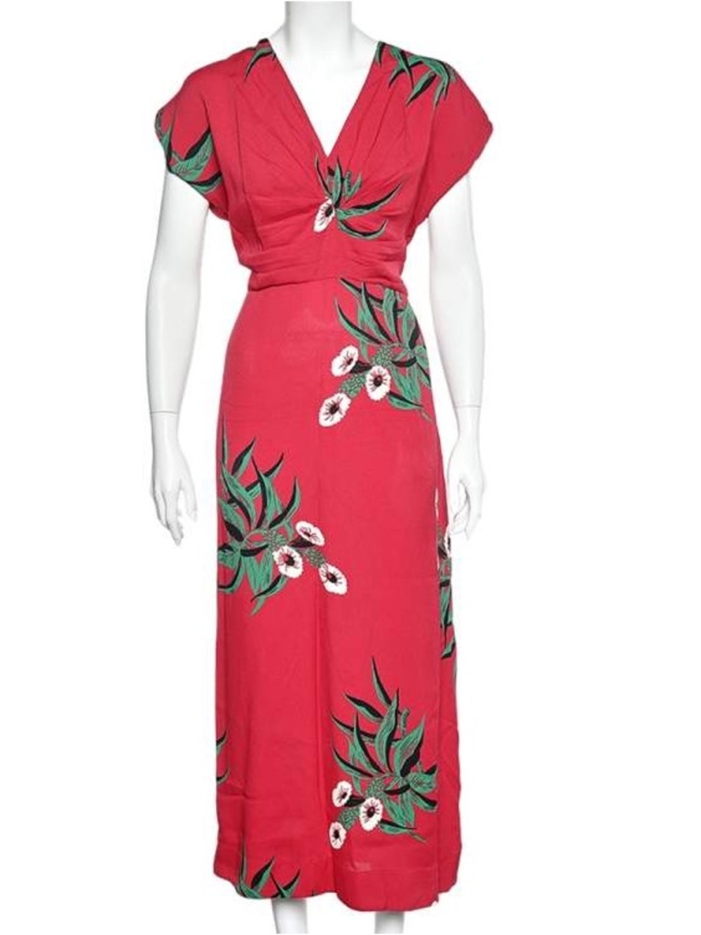 Marni Red Floral Twist-Front Crepe Midi Dress
